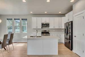 Kitchen featuring light wood-type flooring, sink, stainless steel appliances, and a kitchen island with sink