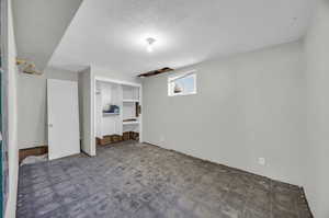 Basement featuring a textured ceiling