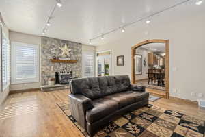 Living room featuring light wood-type flooring, rail lighting, and a healthy amount of sunlight