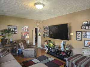 Living room featuring a textured ceiling and dark wood-type flooring