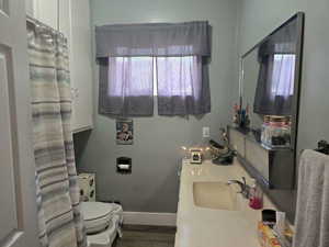 Bathroom featuring plenty of natural light, toilet, hardwood / wood-style floors, and vanity