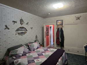 Carpeted bedroom featuring a closet and a textured ceiling