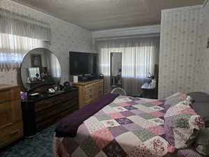 Carpeted bedroom featuring a textured ceiling