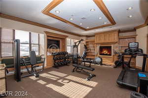 Exercise room featuring carpet, crown molding, and a tray ceiling