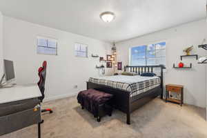 Bedroom featuring light carpet