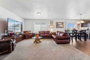 Living room featuring a textured ceiling and hardwood / wood-style floors