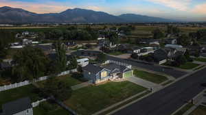 Aerial view at dusk with a mountain view