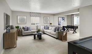 Living room with a textured ceiling and light carpet