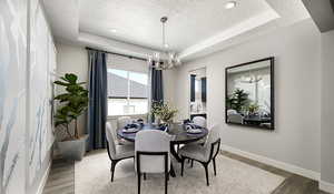 Dining room with a tray ceiling, an inviting chandelier, and hardwood / wood-style flooring