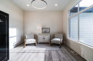 Living area featuring a wealth of natural light and light hardwood / wood-style flooring