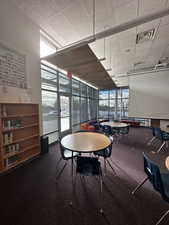 Interior space featuring a wall of windows and carpet flooring