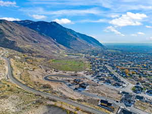 Aerial overview of property's location with mountains