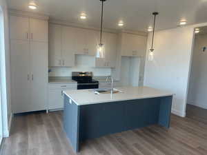 Kitchen featuring stainless steel electric stove, sink, wood-type flooring, decorative light fixtures, and an island with sink