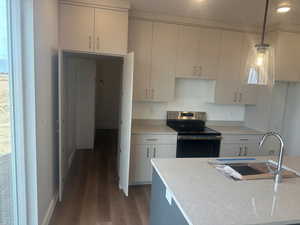 Kitchen with stainless steel electric stove, decorative light fixtures, dark wood-type flooring, and a wealth of natural light