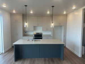 Kitchen featuring dark wood-type flooring, pendant lighting, and stainless steel electric range