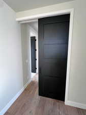 Hallway- featuring pocket door closing off bedrooms from main living space