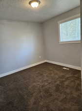 Unfurnished room with carpet and a textured ceiling