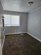 Empty room with a textured ceiling, brick wall, and carpet