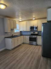 Kitchen featuring sink, a textured ceiling, appliances with stainless steel finishes, and dark hardwood / wood-style floors