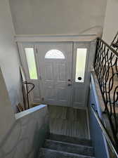 Foyer entrance with dark hardwood / wood-style floors