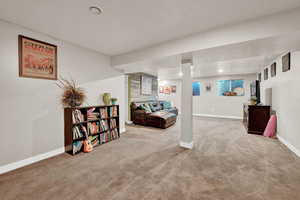 Living room with carpet floors