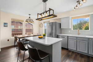 Kitchen featuring appliances with stainless steel finishes, decorative light fixtures, decorative backsplash, gray cabinetry, and dark hardwood / wood-style flooring