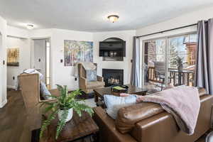 Living room featuring dark hardwood / wood-style floors and a textured ceiling