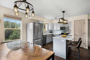 Kitchen with gray cabinetry, backsplash, a healthy amount of sunlight, and stainless steel appliances