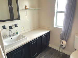 Bathroom with vanity, hardwood / wood-style floors, and toilet