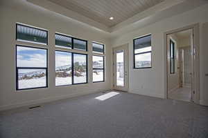 Carpeted spare room featuring wood ceiling and a raised ceiling