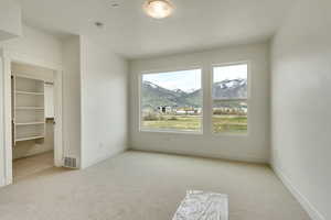 Unfurnished bedroom featuring a spacious closet, a closet, multiple windows, and light colored carpet