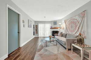 Living room featuring dark hardwood / wood-style flooring and a textured ceiling