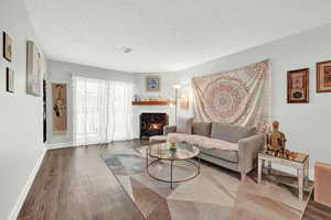 Living room with a textured ceiling and dark wood-type flooring