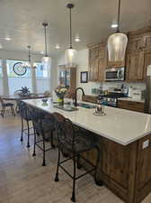 Kitchen with hanging light fixtures, light hardwood / wood-style flooring, appliances with stainless steel finishes, a chandelier, and sink