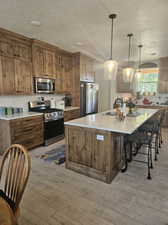 Kitchen featuring a textured ceiling, decorative light fixtures, appliances with stainless steel finishes, light hardwood / wood-style floors, and sink