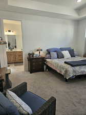 Carpeted bedroom featuring ensuite bath and sink