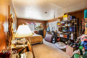 Carpeted bedroom featuring wood walls and a textured ceiling