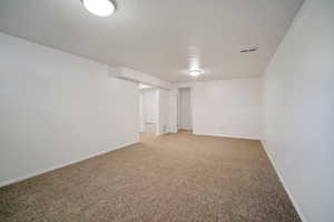 Basement with a textured ceiling and light carpet