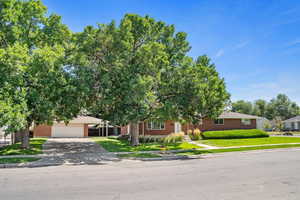 Obstructed view of property featuring a garage and a front lawn