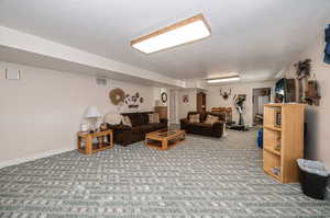 Carpeted living room with a textured ceiling