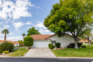 View of front of home with a front yard and a garage