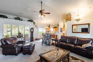 Living room featuring carpet, ceiling fan with notable chandelier, and crown molding