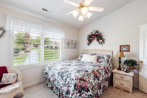 Bedroom with ceiling fan, light carpet, and multiple windows