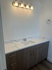 Bathroom with hardwood / wood-style flooring and vanity