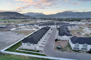 Aerial view at dusk with a mountain view