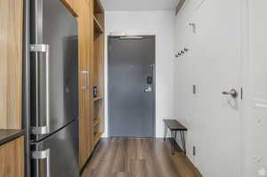 Interior space with dark wood-type flooring