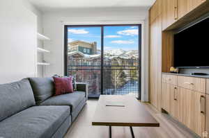 Living room with built in features and light hardwood / wood-style flooring