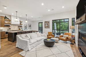 Living room featuring light wood-type flooring and sink