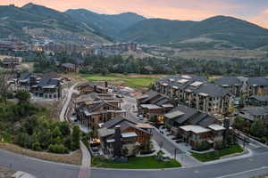 Aerial view at dusk with a mountain view