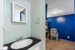 Bathroom featuring wooden walls and vanity